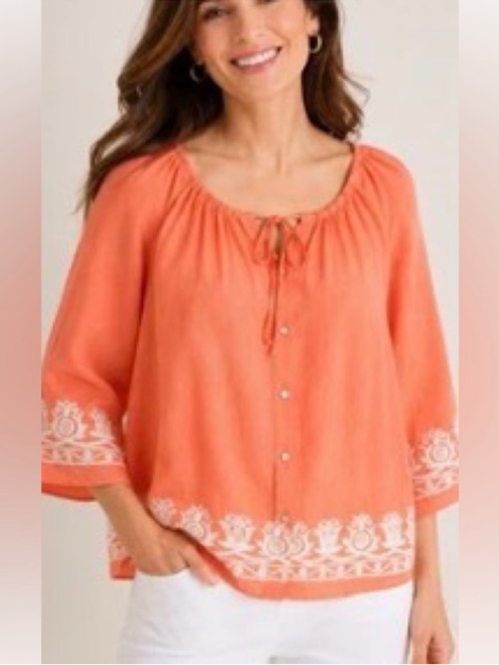 Talbots Women’s Coral Embroidered Peasant Top Linen